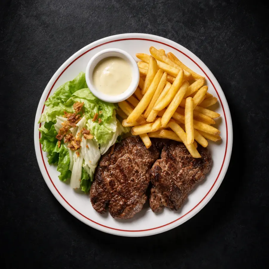 La même entrecôte frites salade re-dressée par Mijot, vue du dessus sur fond ardoise