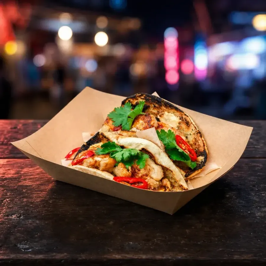Les mêmes tacos re-dressés par Mijot, comptoir de street food le soir