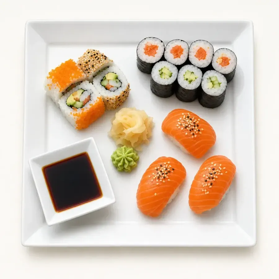 Le même plateau de sushis re-dressé par Mijot, vu du dessus sur fond clair uni